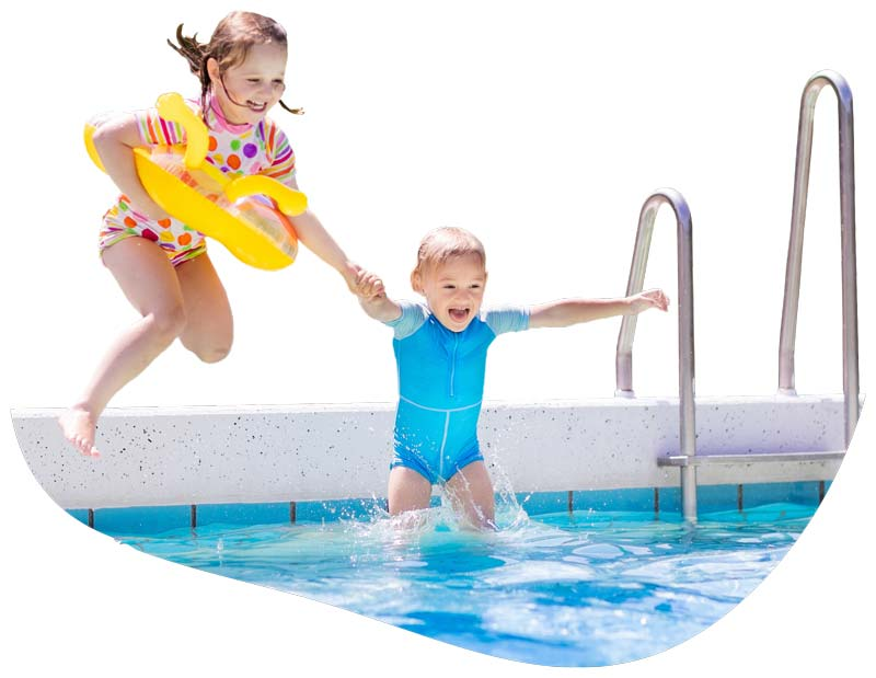 Kids jumping into a swimming pool serviced by Summertime Pool Services.