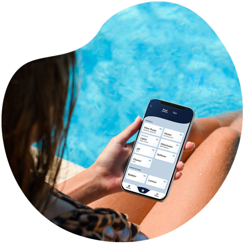 Woman poolside looking at her Hayward Automation system app.